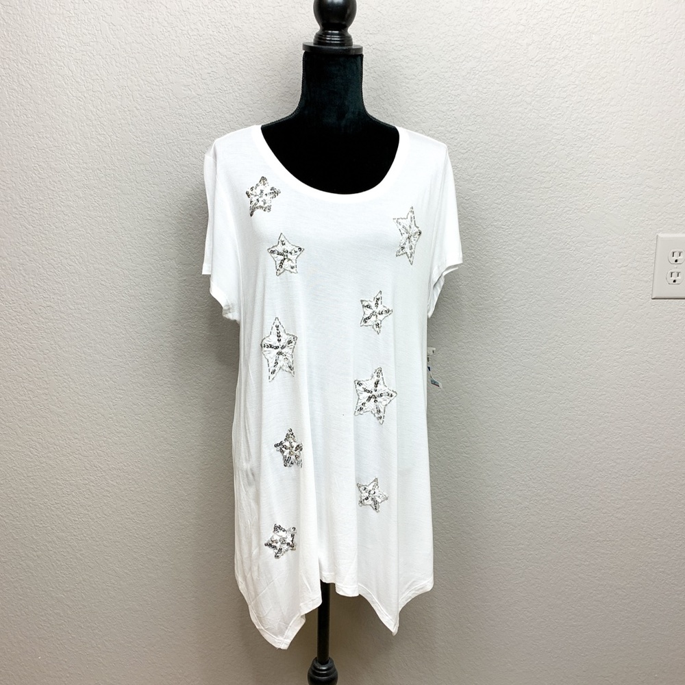 NWT Size XL INC White Tee w/ Silver Sequin Stars